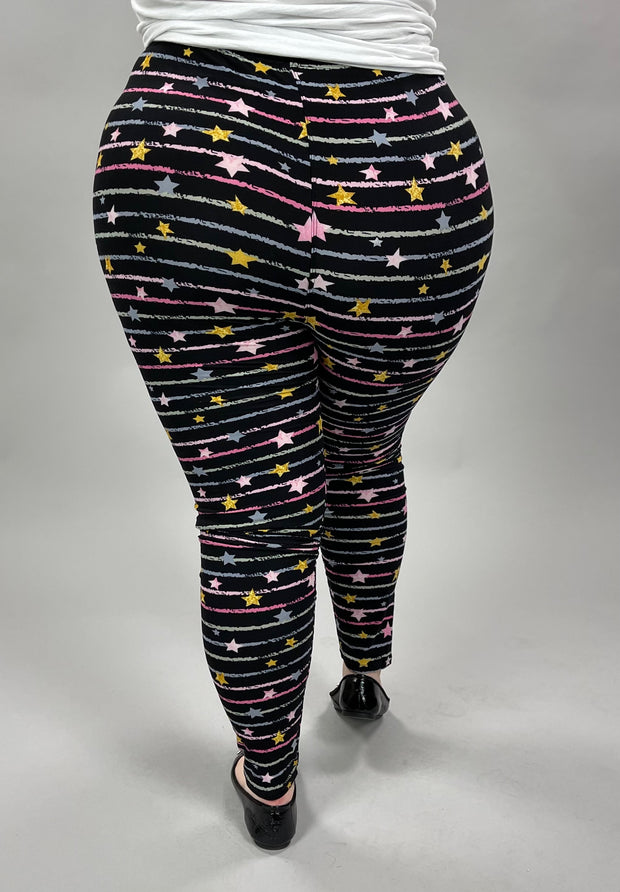 LEG-49 {Starry Skies} Stars & Stripes Black Printed Leggings EXTENDED PLUS SIZE 3X/5X