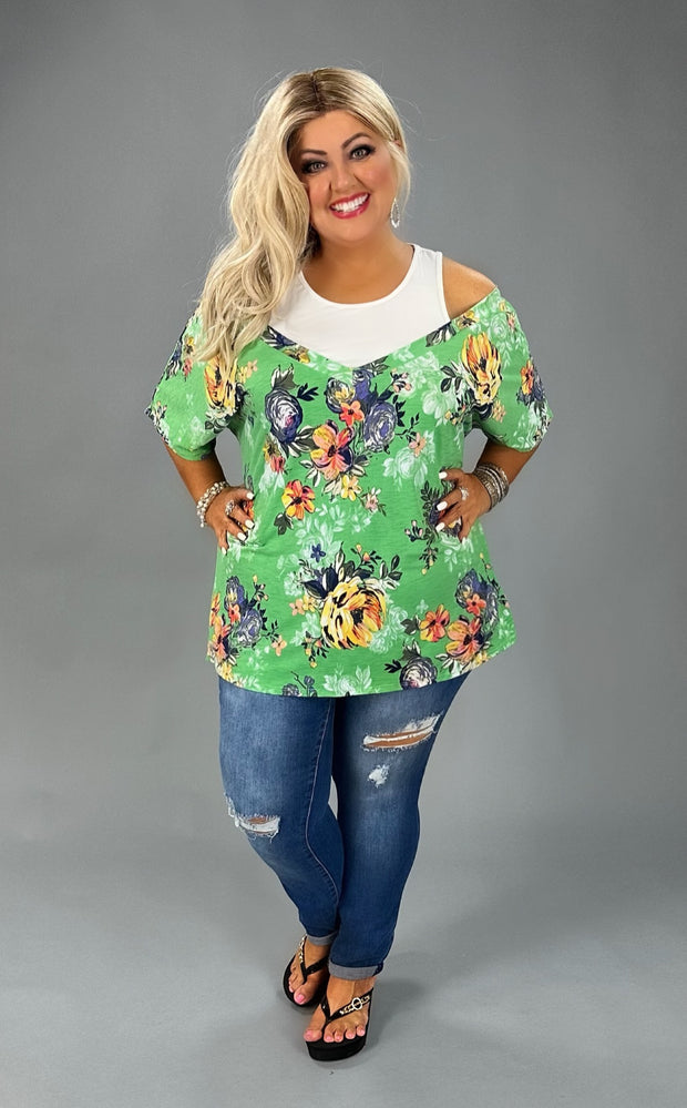 28 OS-L {Spicing It Up} Mint Floral  Cold Shoulder Top PLUS SIZE XL 2X 3X