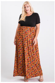 LD-D {Fall Festival) } Black & Orange Print Maxi Dress PLUS SIZE 1X 2X 3X