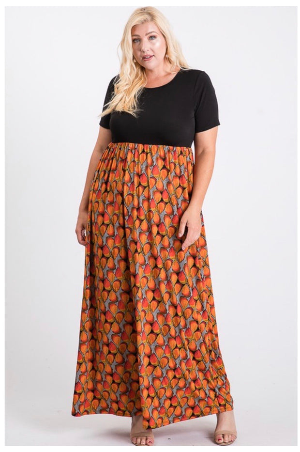LD-D {Fall Festival) } Black & Orange Print Maxi Dress PLUS SIZE 1X 2X 3X