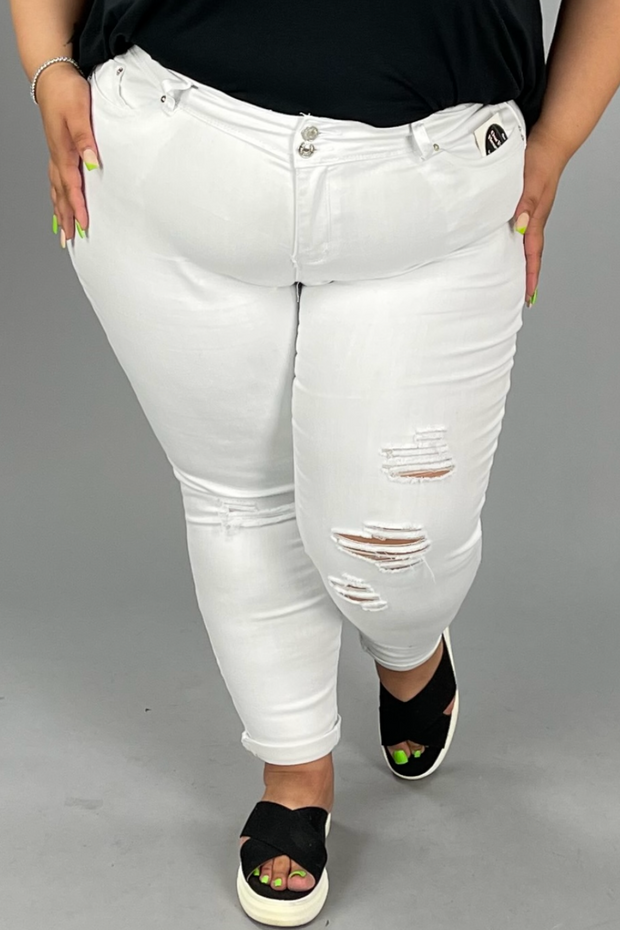 LEG-34 {YMI Wanna Betta Butt} White Ripped Cuffed Ankle Jeans PLUS SIZE 14 16 18 20