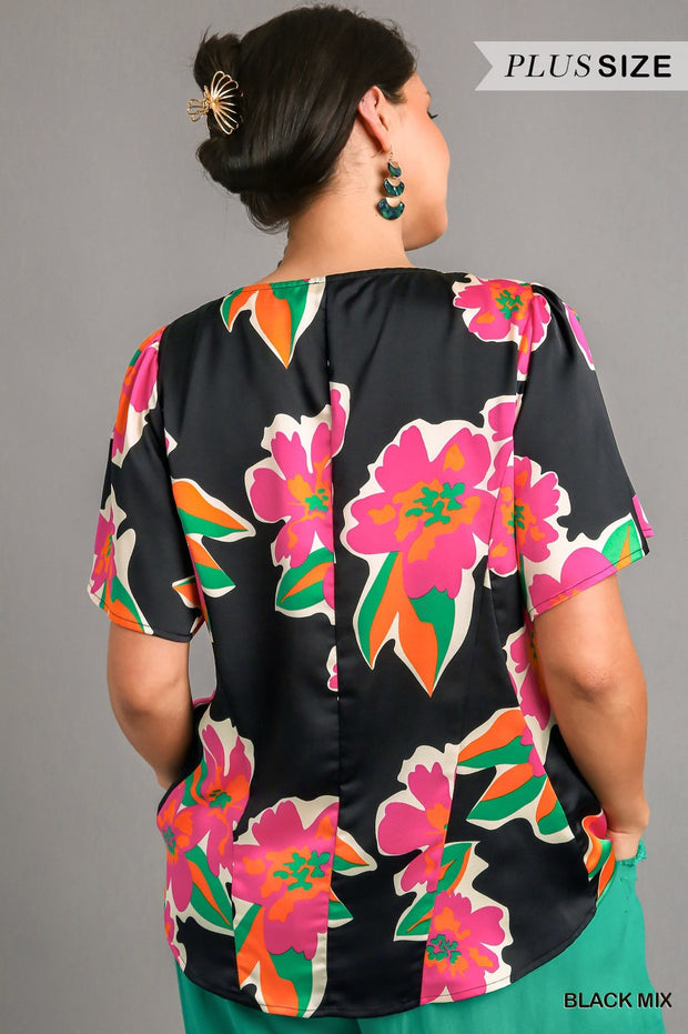 55 PSS {Ready To Party} Umgee Black Fuchsia  Floral Top PLUS SIZE XL 1X 2X