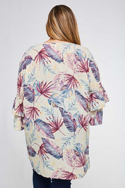 OT-H {I'm On Beach Time} Sangria/Navy/Mustard Cardigan With Palm Leaf Design PLUS SIZE 1X 2X 3X