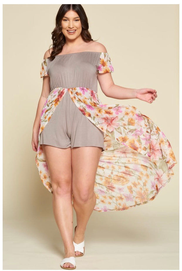 RP-C {Sheer Goddess} Olive Sheer Tan  Romper Floral Overlay  PLUS SIZE
