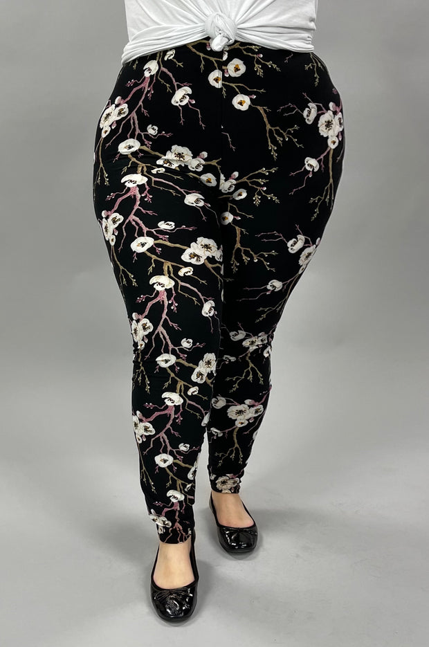 LEG-88 {Blooming Apple} White Floral Printed Leggings EXTENDED PLUS SIZE 3X/5X