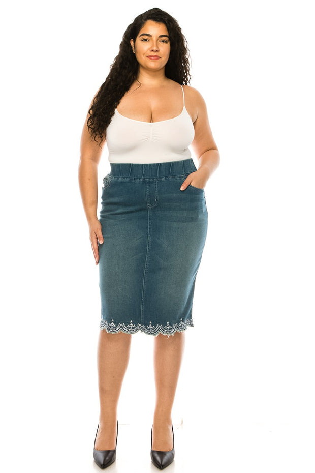 LEG-94 {Putting It Simply} Denim Embroidered Skirt EXTENDED PLUS SIZE 4X 5X