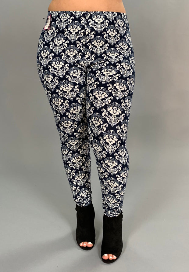 LEG-81 Blue & White Damask Print Leggings PLUS SIZE