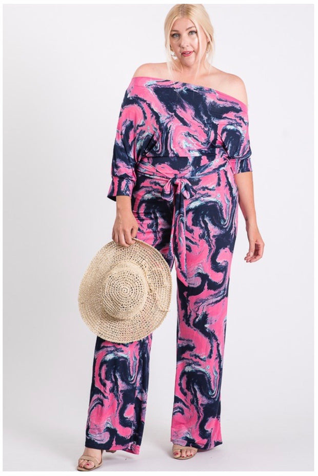 RP-G {Dazzling Nights} Pink/Navy One Shoulder Down Romper