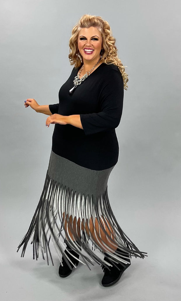 LD-X {Evening Plans} Black/Gray Dress W/Fringe PLUS SIZE 1X 2X 3X