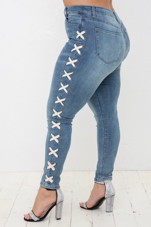 LEG-39 {Vocal Criss Cross} Blue Jeans w/Side Criss Cross PLUS SIZE XL 2X 3X