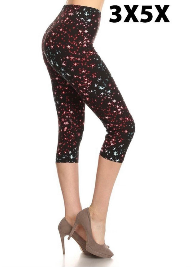 LEG-85 {Spectacular Sparkles} Red/Blue Star Capri Leggings  EXTENDED PLUS SIZE 3X/5X