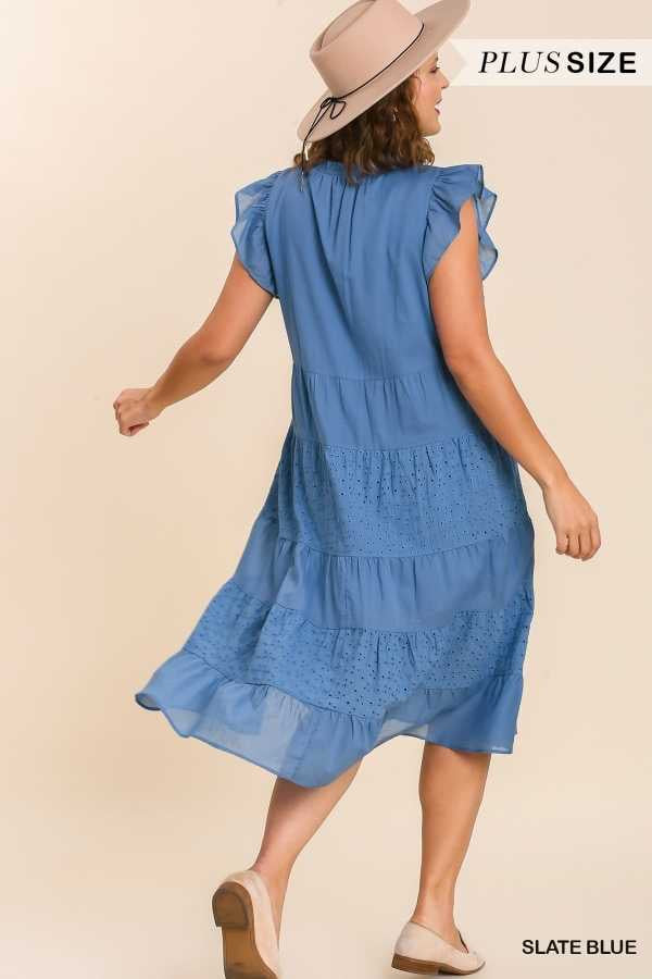 52 SSS-G [Crisp Mornings} Umgee  Slate Blue Eyelet Dress PLUS SIZE XL 1X 2X
