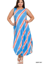 LD-S {Big Adventure} Sky  Blue Stripe Print Maxi Dress PLUS SIZE 1X 2X 3X