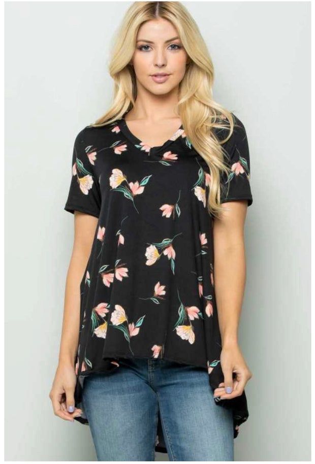 PSS-G  {Marvelous Magic} Black Floral Print Hi-Low Tunic PLUS SIZE 1X 2X 3X