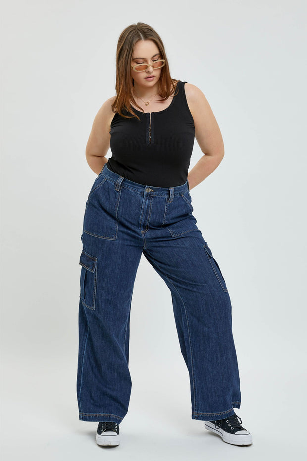 LEG-58 {Ms Cello} Dark Denim Baggy Cargo Jeans EXTENDED PLUS SIZE 14 16 18 20 22