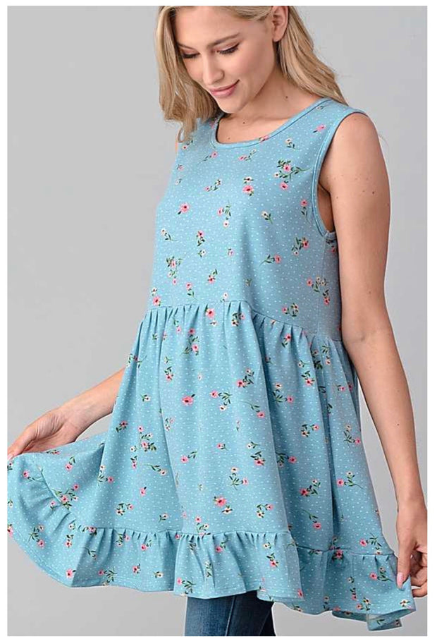 SV-M {Little Details} Blue Sleeveless Tunic Floral & Dot Details PLUS SIZE 1X 2X 3X