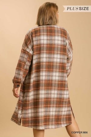 32 OT-D  {Starting Again}  "Umgee" Camel Plaid Button Up Shacket PLUS SIZE XL 1X 2X
