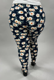 LEG-52 {Blue Daisy}  Navy Daisy Printed Leggings EXTENDED PLUS SIZE