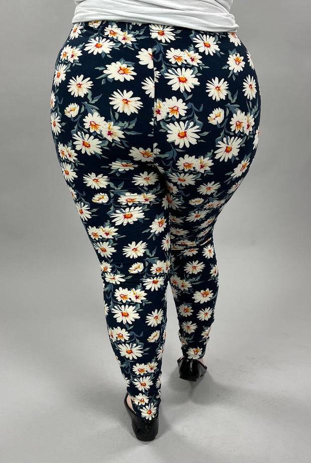LEG-52 {Blue Daisy}  Navy Daisy Printed Leggings EXTENDED PLUS SIZE