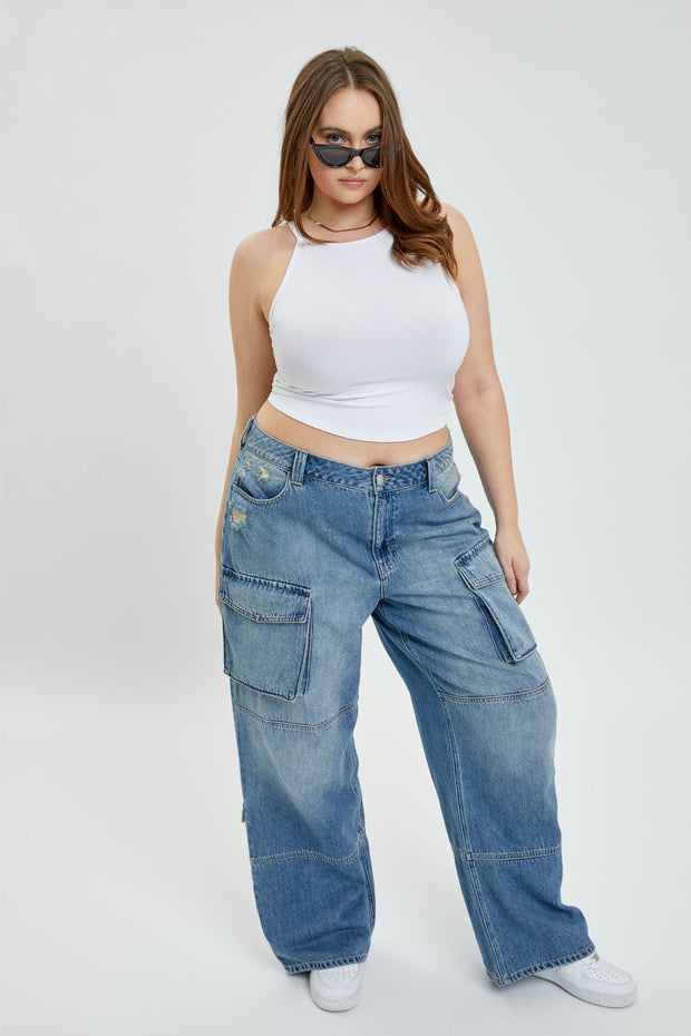 LEG-59 {Ms Cello} Mid-Waisted Washed Denim Skater Jeans  PLUS SIZE 14 16 18