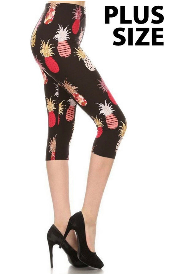 LEG-7 {Paradise Valley) Black Pianeapple Butter Soft Capri Leggings Plus Size