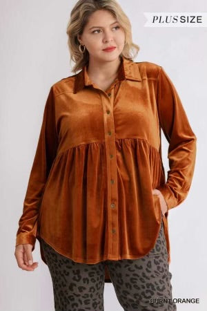 16 SLS-O {Romance Is Back}  Umgee Burnt Orange Velvet Top  PLUS SIZE XL 1X 2X