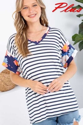 26 CP-O {Everyday Comfy} Navy Stripe Floral Top PLUS SIZE 1X 2X 3X