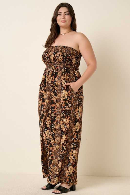 LD-Z or 46 {Luxe Standard} Brown Floral Smocked Romper PLUS SIZE XL 1X 2X
