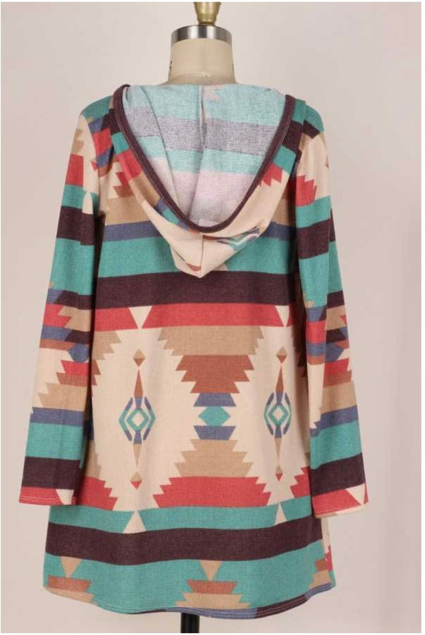 12 OT-O {Happy Mood} Taupe Tribal Print Tiered Cardigan W/Hood PLUS SIZE 1X 2X 3X