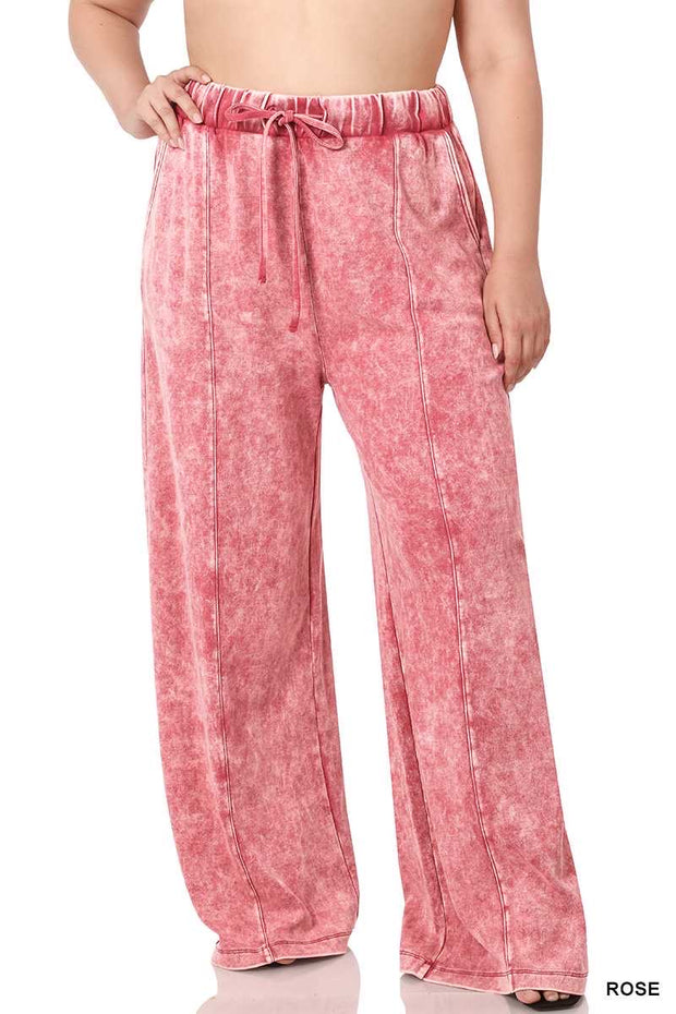 LEG-35 {Dressing For Me} Rose Acid Wash Wide Leg Joggers PLUS SIZE 1X 2X 3X