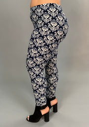 LEG-81 Blue & White Damask Print Leggings PLUS SIZE