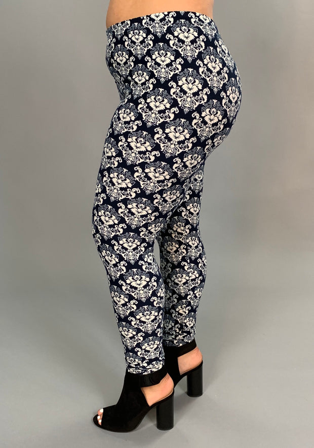 LEG-81 Blue & White Damask Print Leggings PLUS SIZE