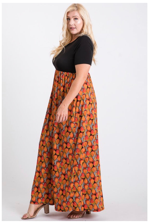 LD-D {Fall Festival) } Black & Orange Print Maxi Dress PLUS SIZE 1X 2X 3X
