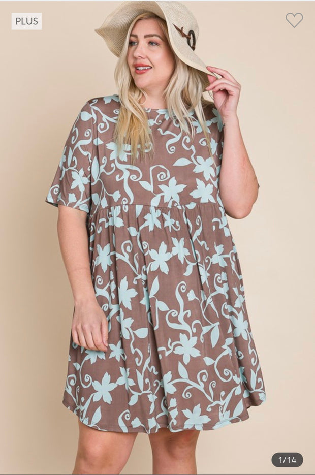SALE!!  46 PSS-Z {The Best Time} Brown/Teal Print Babydoll Dress PLUS SIZE 1X 2X 3X