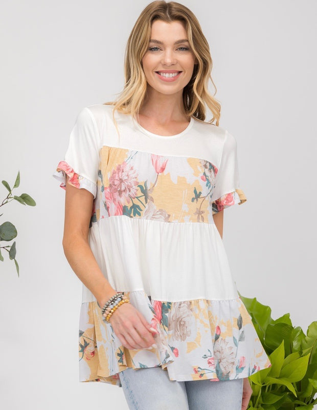 46 CP-A {How About It} Ivory Floral Print Tiered Top PLUS SIZE XL 2X 3X