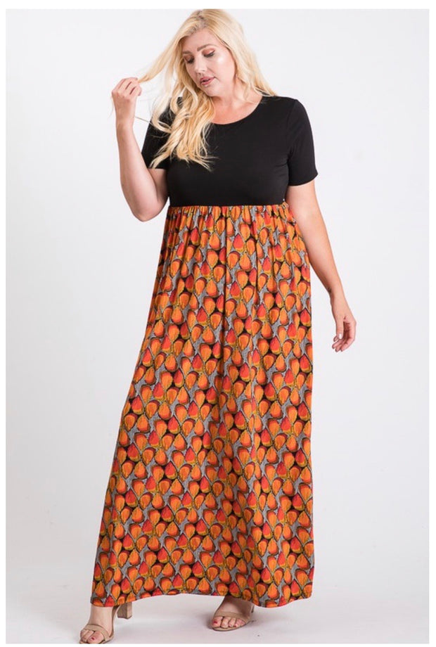 LD-D {Fall Festival) } Black & Orange Print Maxi Dress PLUS SIZE 1X 2X 3X