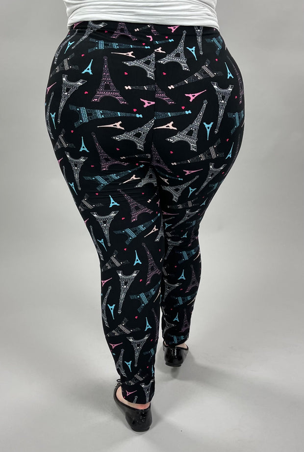 LEG-28 {Dreams of Paris} Eiffel Tower Printed Leggings EXTENDED PLUS SIZE 3X-5X
