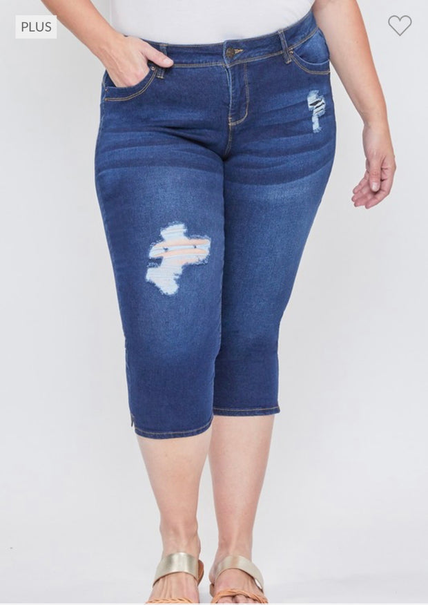 LEG-33 {Royalty For Me} Dark Indigo Ripped Capri Jeans EXTENDED PLUS SIZE 14 16 18 20 22 24