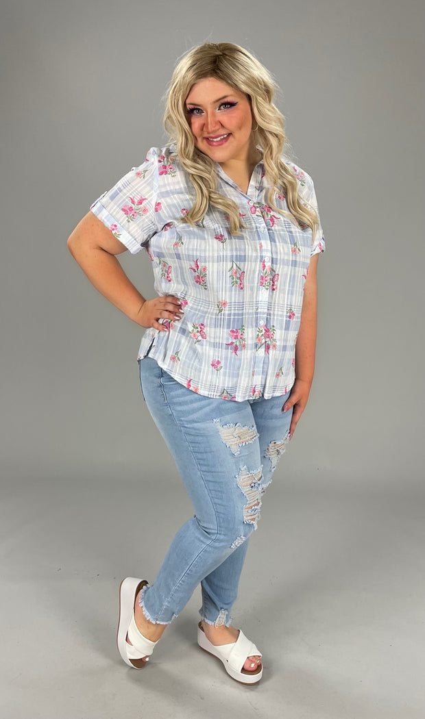 PSS-A  M-109 {Karen Scott} Blue Posey Plaid Cotton Top Retail $46.50 PLUS SIZE