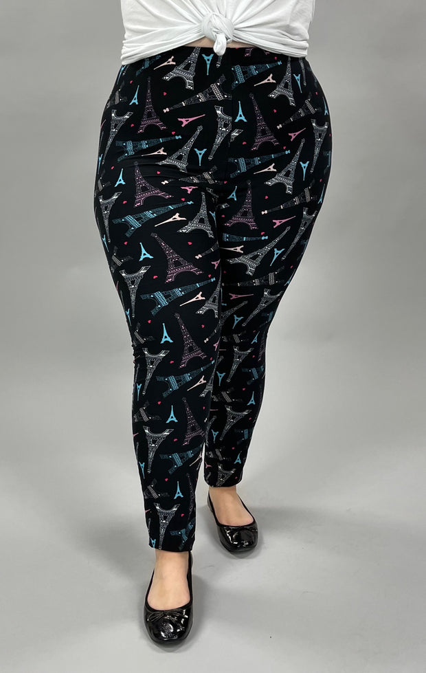 LEG-28 {Dreams of Paris} Eiffel Tower Printed Leggings EXTENDED PLUS SIZE 3X-5X