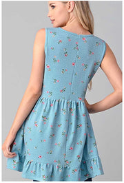 SV-M {Little Details} Blue Sleeveless Tunic Floral & Dot Details PLUS SIZE 1X 2X 3X
