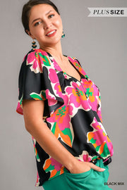 55 PSS {Ready To Party} Umgee Black Fuchsia  Floral Top PLUS SIZE XL 1X 2X