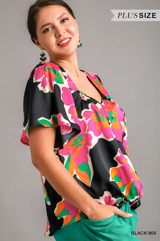 55 PSS {Ready To Party} Umgee Black Fuchsia  Floral Top PLUS SIZE XL 1X 2X