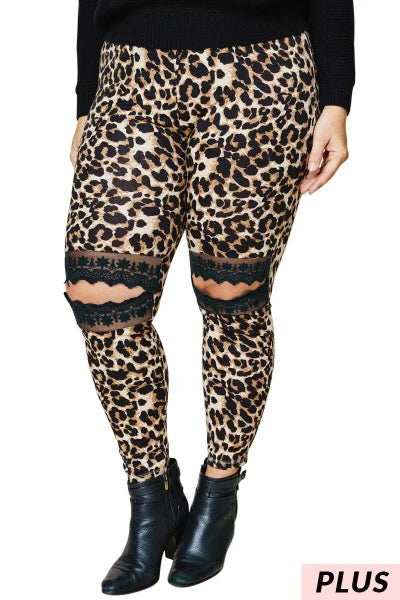 LEG-9  {Move It or Lose It}  Leopard Leg Lace Open Knee PLUS SIZE 1X 2X 3X