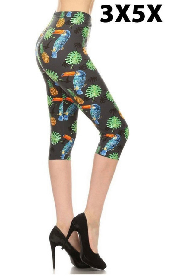 LEG-45 {Touchy Toucan} Toucan Pineapple Butter Soft Capri Leggings EXTENDED PLUS SIZE 3X/5X