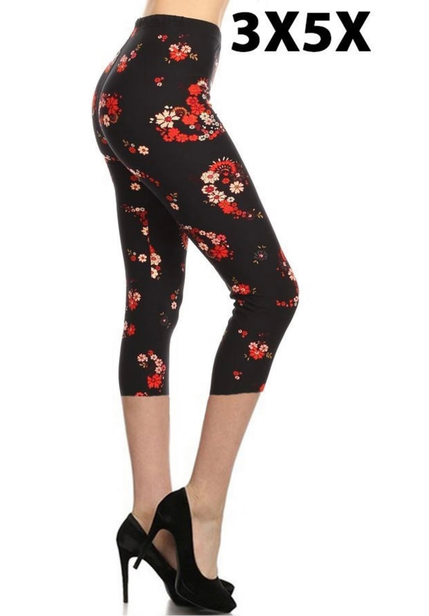 LEG-6 {Seeing Red} Red Floral Printed Butter Soft Capri Leggings EXTENDED PLUS SIZE 3X/5X