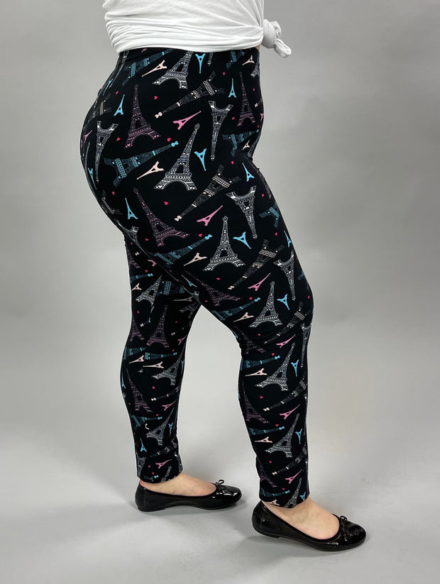 LEG-28 {Dreams of Paris} Eiffel Tower Printed Leggings EXTENDED PLUS SIZE 3X-5X