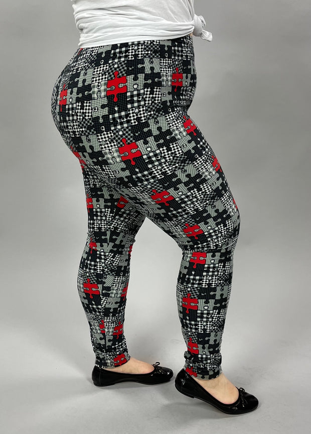 LEG-87 {Puzzled} Gray/Red Puzzle Print Leggings EXTENDED PLUS SIZE 3X/5X