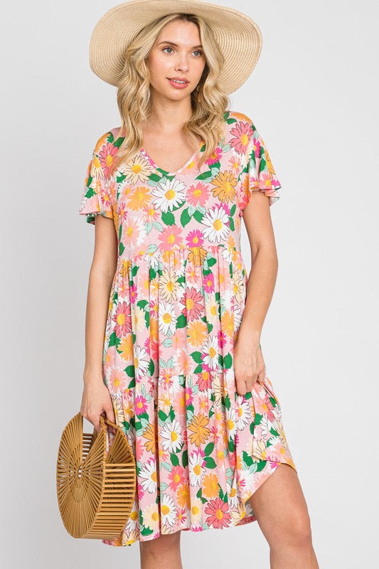 12 PSS-S {Smile And Shine} Pink Floral Print Tiered Dress PLUS SIZE XL 2X 3X