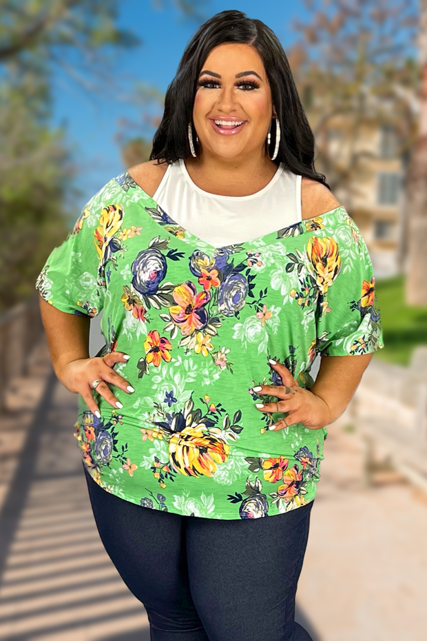 28 OS-L {Spicing It Up} Mint Floral  Cold Shoulder Top PLUS SIZE XL 2X 3X